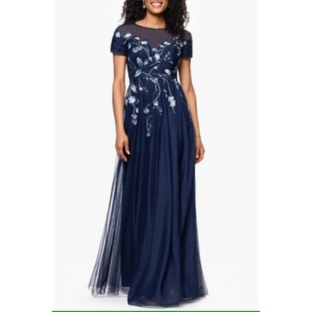 NWTBetsy & Adam Navy Blue Embroidered Sequin Floral Bodice Mesh Gown 10 $320